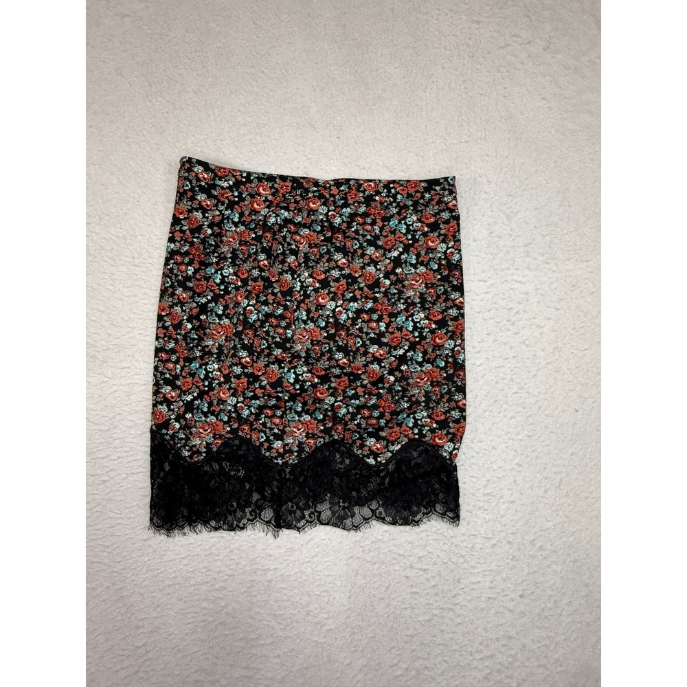 Lush Floral Lace Trim Mini Skirt Black Red Blue High Waisted Size Medium